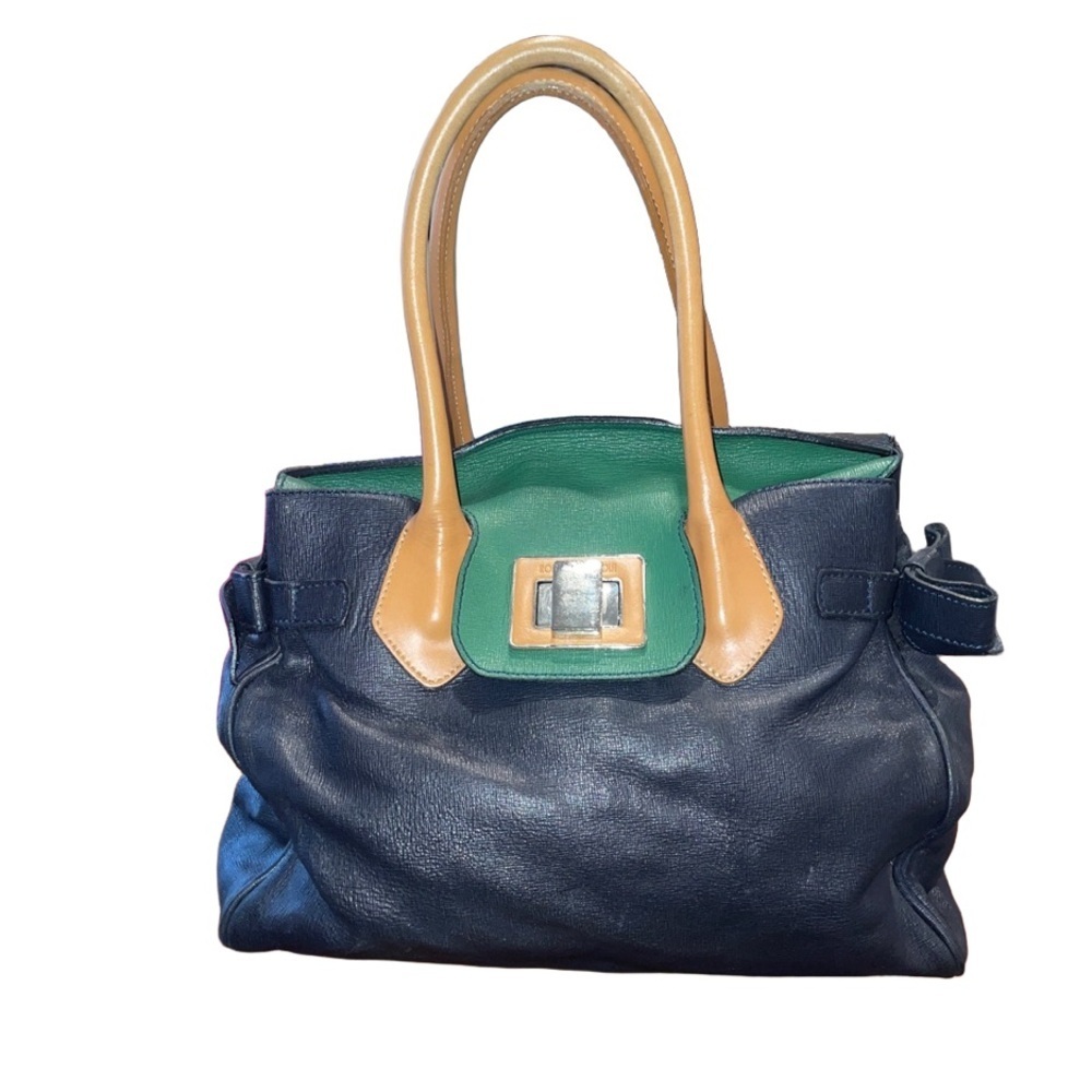 Roberta Gandolfi leather handbag made in Italy. Navy, green, tan top handle. B6